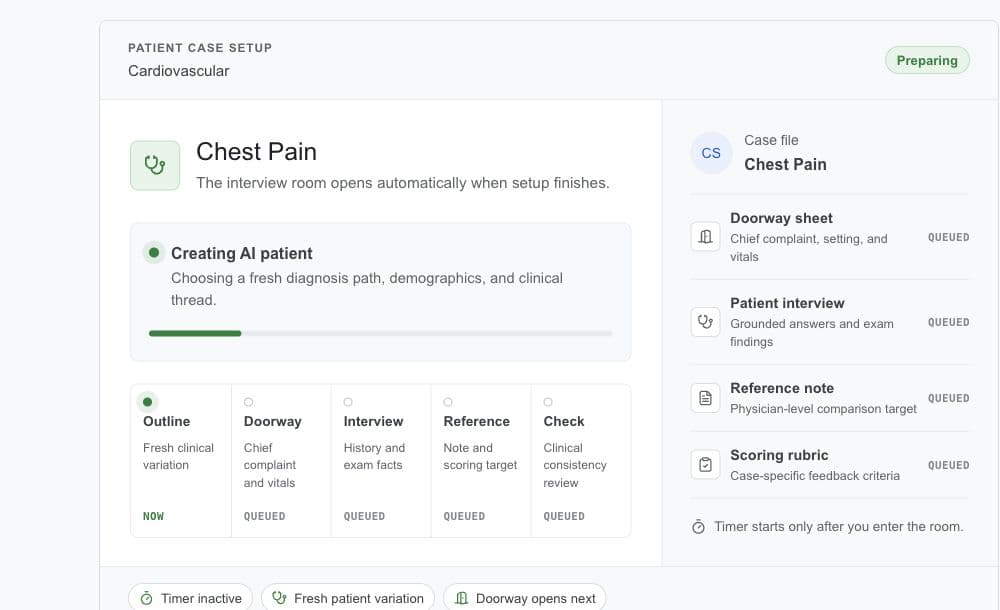 USCEAI case setup showing a chest-pain encounter, patient file, note reference, and scoring rubric