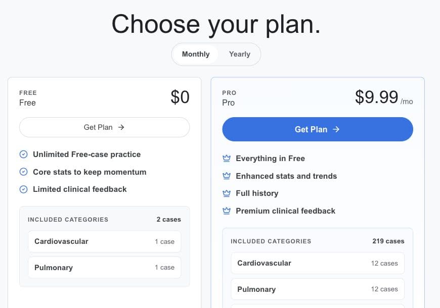 USCEAI pricing screen comparing free and Pro clinical-practice access